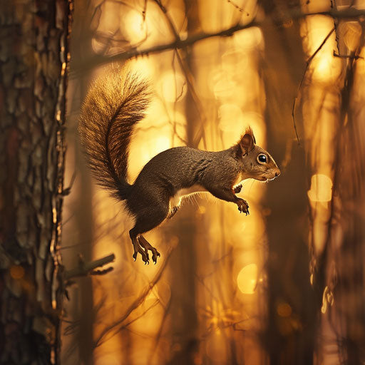 Flying squirrel in a golden forest at dusk
