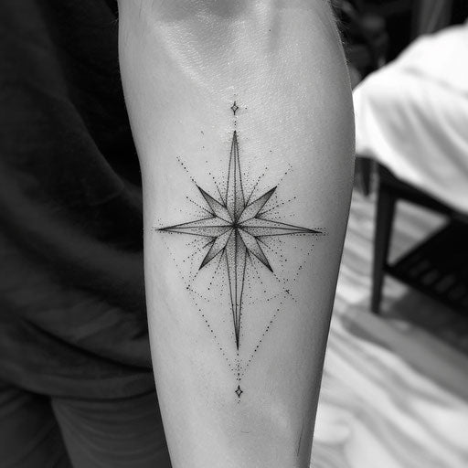 North Star: contemporary flat tattoo in black and gray