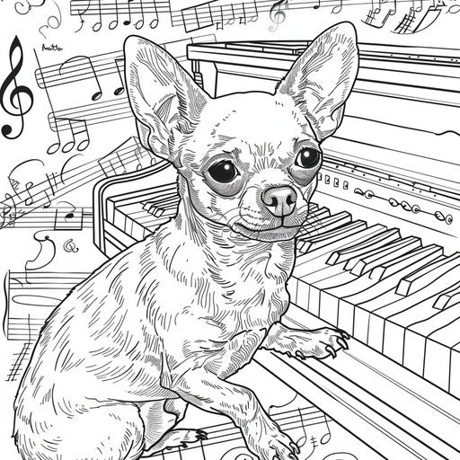 Chihuahua playing piano surrounded by musical notes