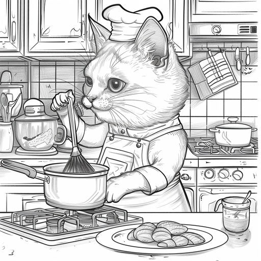 A cartoon cat chef cooking a meal in the kitchen