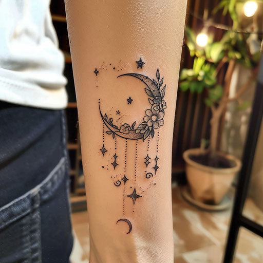 Tattoo sketch of a crescent moon with hanging stars and floral vines for wrist coverup tattoo for women