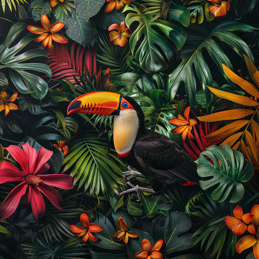 Toucan surrounded by vibrant tropical plants