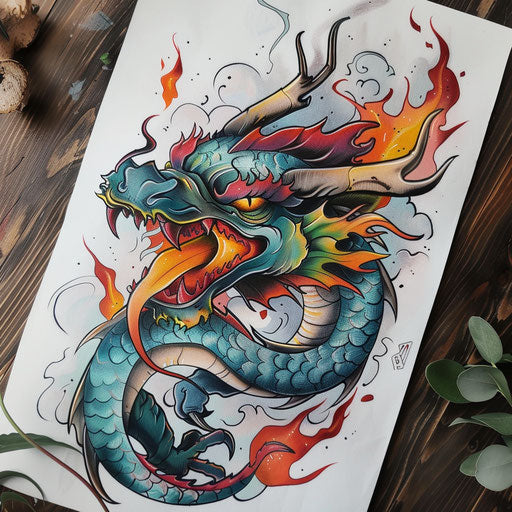 Dragon breathing fire neo-traditional tattoo on white background