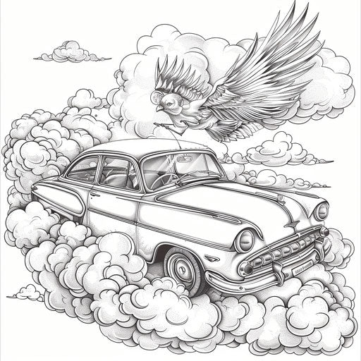 A whimsical car with wings flying through the clouds. Coloring book page