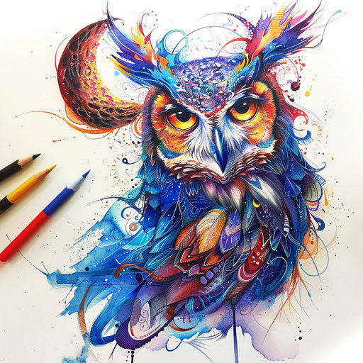 Sketch of a mystical owl tattoo with a crescent moon, intricate details, and vibrant colors