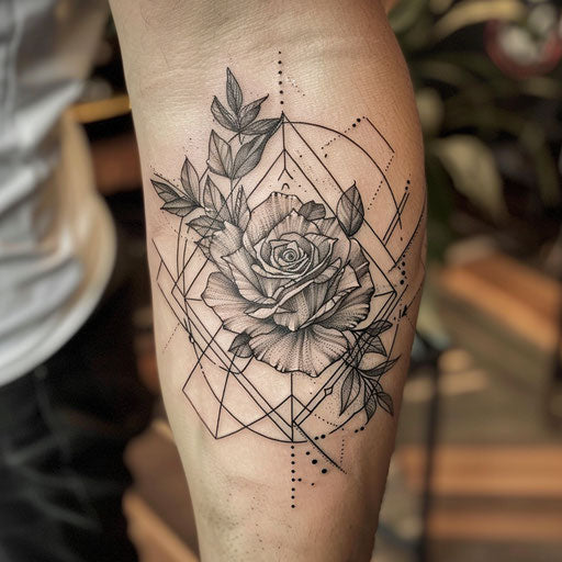 Flat sketch of a tattoo of a rose encircled by a geometric frame