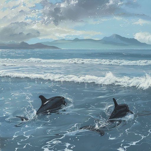 Two vaquita porpoises playing in the gentle waves near the coastline with mountains in the distance