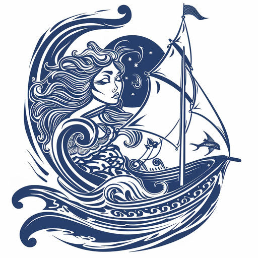 Adventurous flat tattoo sketch of Venus on a sailboat