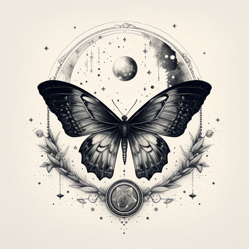 Lunar butterfly with planets in black and white
