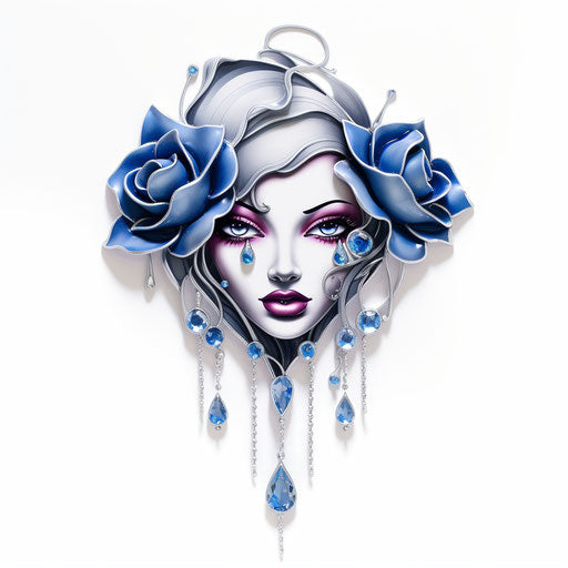 Blue rose tattoo and nail sticker, suspended style, crystals