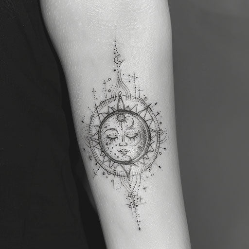 Sketch of a celestial sun and moon tattoo with intricate details for wrist coverup tattoo for women