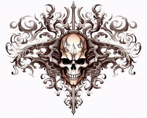 Medieval weapon, skull, traditional tattoo, award-winning style, light black and white