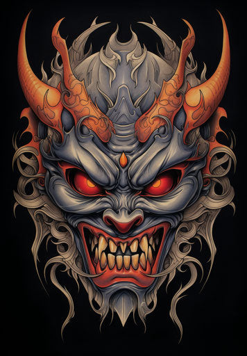 Japanese demon mask with flames and black tattoos