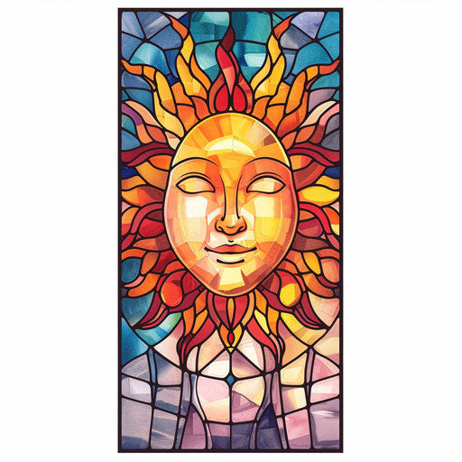 The Sun tarot card tattoo in vibrant stained glass style