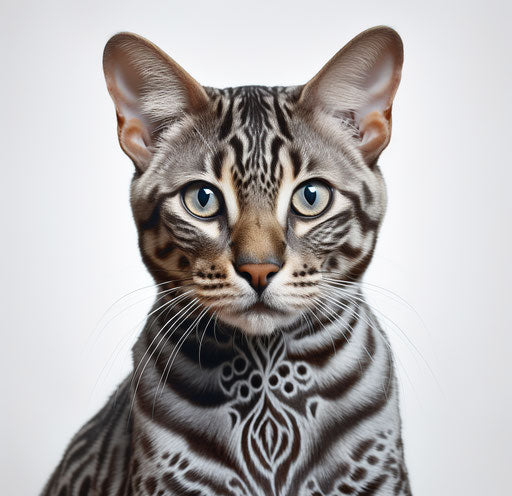 Bengal cat sitting on white background, dark silver and light maroon style