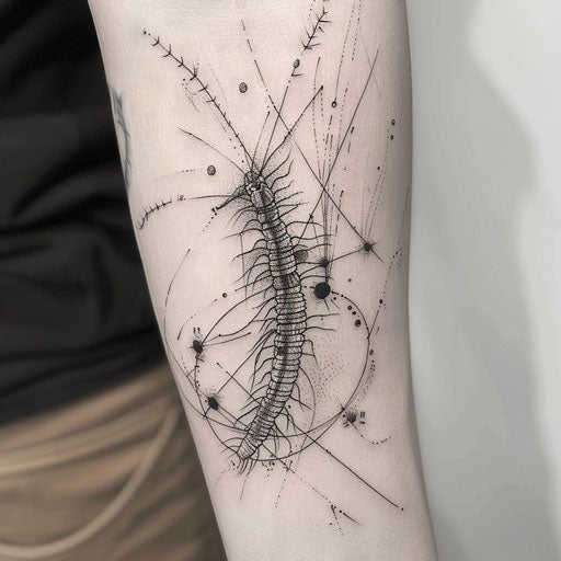 Modern centipede tattoo with abstract lines on white