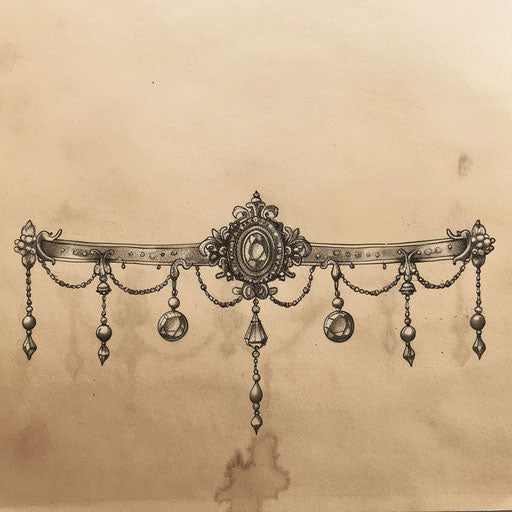 Flat tattoo sketch of an ankle bracelet with vintage charms and sepia tones