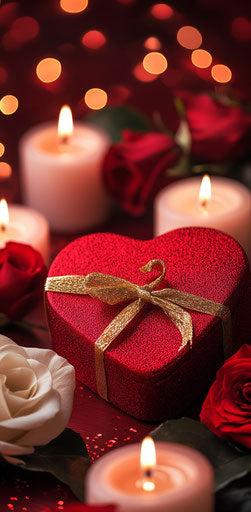 Red heart surrounded by candles and roses, romantic atmosphere