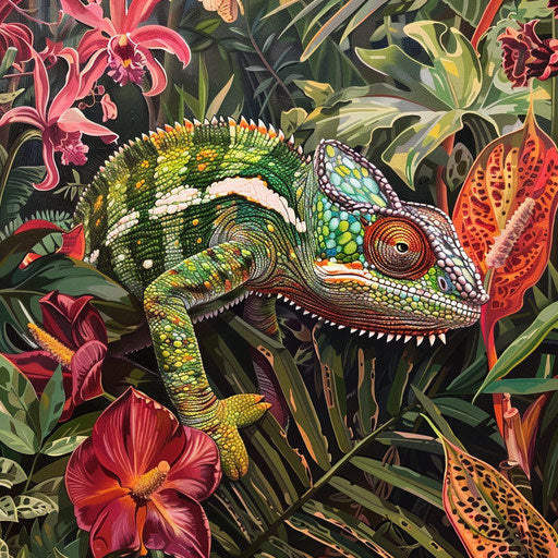 Chameleon in a botanical garden, blending in with exotic plants