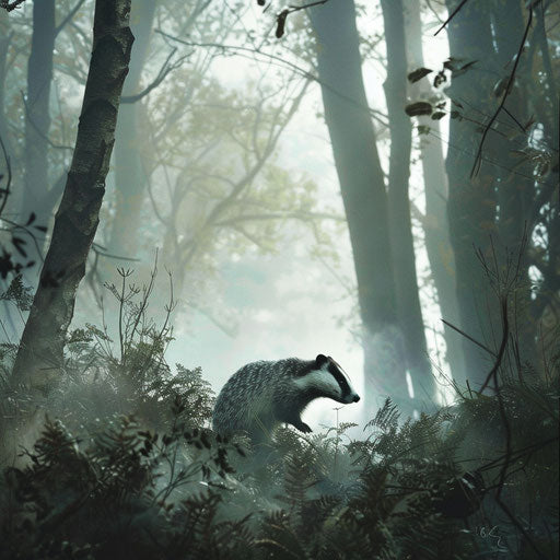 Badger in a misty woodland, ethereal and serene