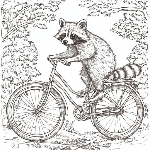 Raccoon on bike, Mark Schultz style, Coloring page