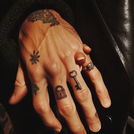 Wedding ring tattoo, small lock and key