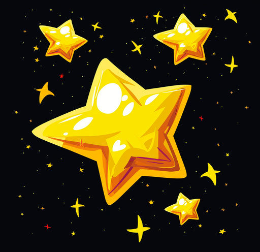 Yellow stars on black background, cartoonish style, shiny forms