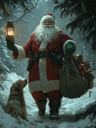 Santa Claus and his dog in the snow