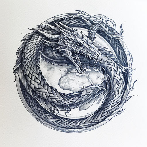 World Serpent encircling Earth, Norse-style tattoo on white