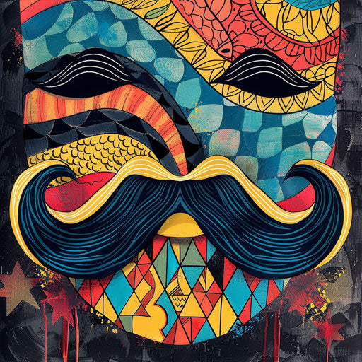 Stylized tattoo sketch of a mustache with pop art influences and vibrant patterns