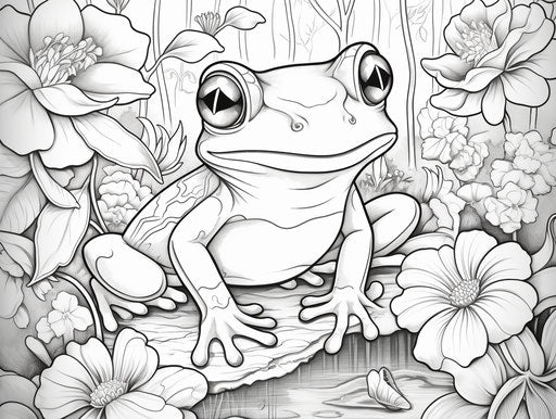 Frog with leaves and flowers coloring for kids