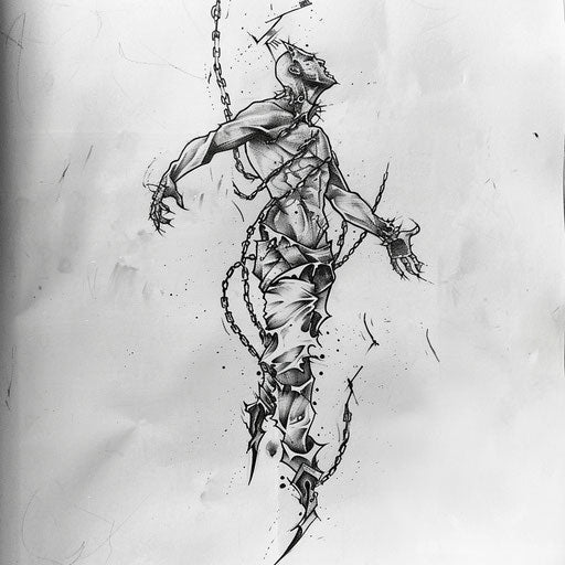 Dynamic flat tattoo sketch of a soul breaking free from earthly chains