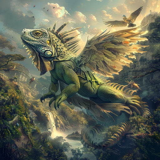 A magical iguana soaring above a lush mystical valley