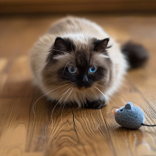 Himalayan cat playing with a toy mouse on a wooden floor