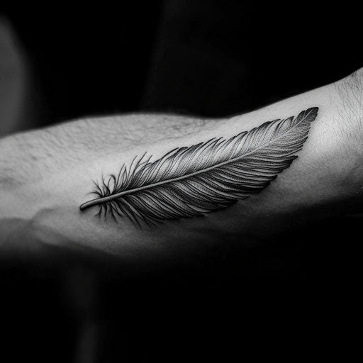 Inner arm tattoos of realistic feather with intricate shading
