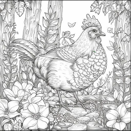 Magical chicken in enchanted forest, Gennady Spirin style