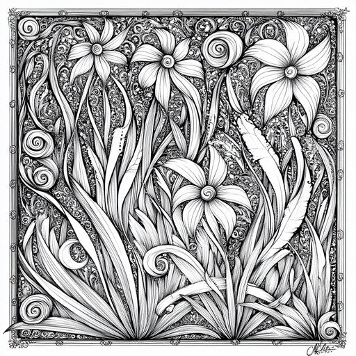 Grass with intricate patterns, coloring book style