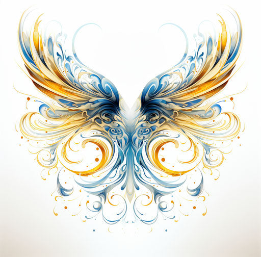 Blue and yellow dove wings with ornaments on white background