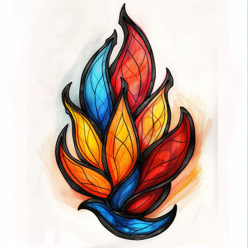 Flame tattoo in stained glass style, bright colors, black outlines