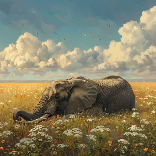 Elephant resting in a field of wildflowers