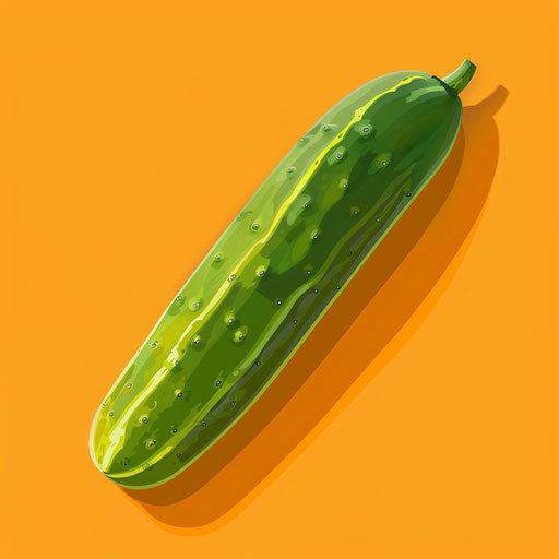 Realistic cucumber clipart on sunset orange background, bold shadows and vibrant detailing