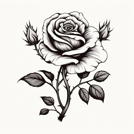 Black and white rose tattoo design in woodcut style