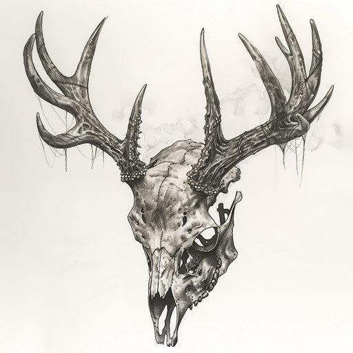 Intricate black and gray deer skull tattoo on white background