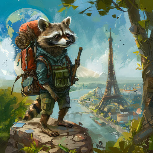 A raccoon traveler backpacking through exotic destinations around the globe