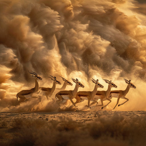 Gazelles running in the desert with a dust storm swirling