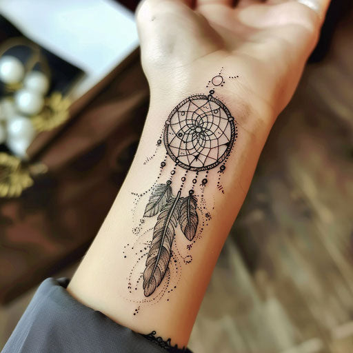 Sketch of a delicate dreamcatcher tattoo with feathers and beads for wrist coverup tattoo for women