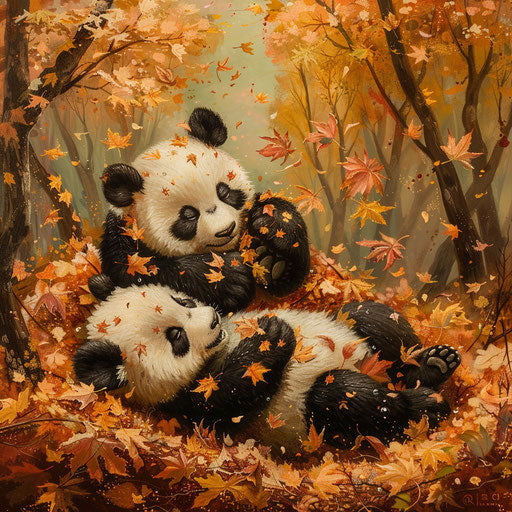 Giant pandas playing in autumn leaves