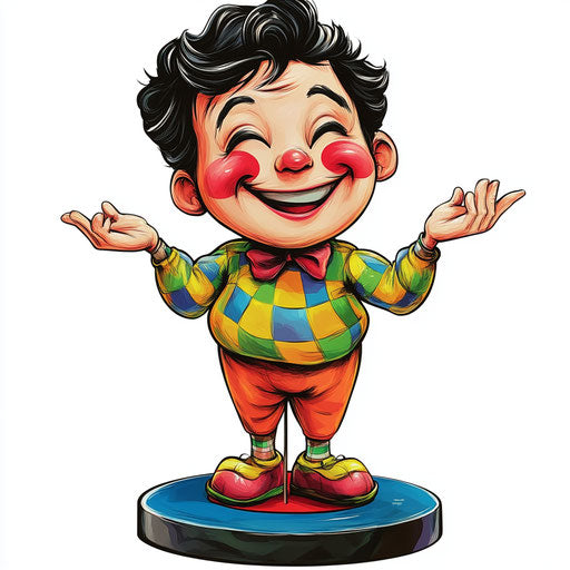 Humorous caricature of an anime caricature clipart with human characteristics, exaggerated rosy cheeks, with fingers hands, standing on a pedestal, vibrant colors, cartoon style, winking, high-resolution, no background, isolated –c 40