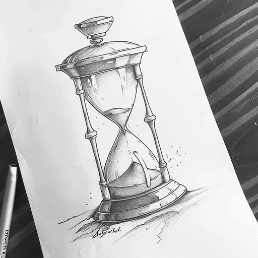 Monochrome hourglass tattoo sketch symbolizing mortality