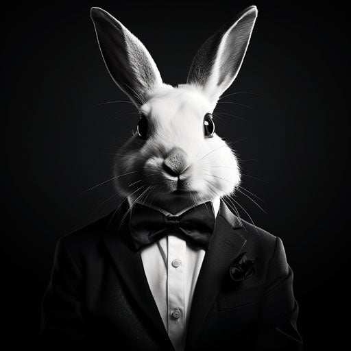 The black and white rabbit, tuxedo with a bow tie, graphic design style poster